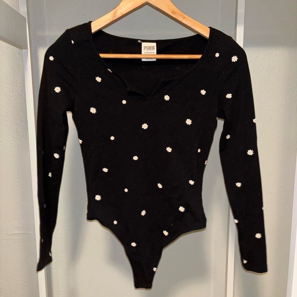 PINK Victoria's Secret Tiny Daisy Black Thong No Snaps Bodysuit